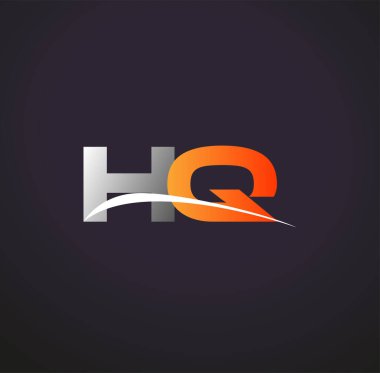 HQ logotype şirketinin ilk harfi Gri ve Turuncu Swoosh tasarımı. Siyah arkaplanda izole.