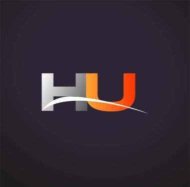İlk harf HU logotype şirketi. Renkli gri ve turuncu çizim. Siyah arkaplanda izole.