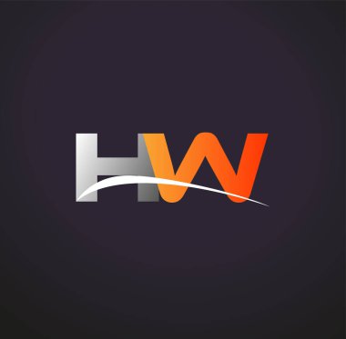 İlk harf HW logotype şirketi. Renkli gri ve turuncu çizim. Siyah arkaplanda izole.