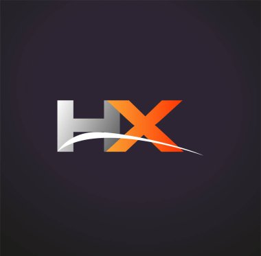 İlk harf HX logotype şirketi. Renkli gri ve turuncu çizim. Siyah arkaplanda izole.