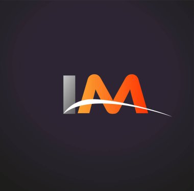 İlk harf IM logotype şirket adı Renkli Gri ve Turuncu Swoosh tasarımı. Siyah arkaplanda izole.