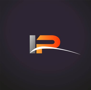 İlk harf IP logoti şirketinin adı Renkli Gri ve Turuncu Swoosh tasarımı. Siyah arkaplanda izole.