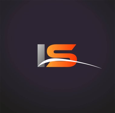 İlk harf logotype şirketi adı Renkli Gri ve Turuncu Swoosh tasarımı. Siyah arkaplanda izole.