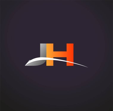 İlk harf JH logotype şirket adı Renkli Gri ve Turuncu Swoosh tasarımı. Siyah arkaplanda izole.