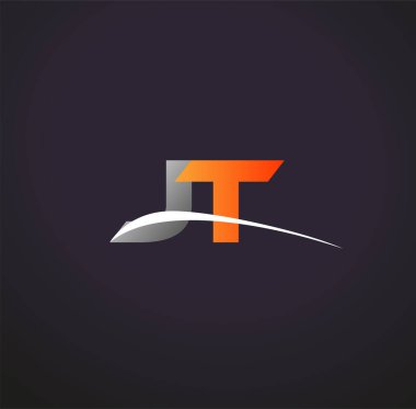 İlk harf JT logotype şirketi. Renkli gri ve turuncu çizim. Siyah arkaplanda izole.