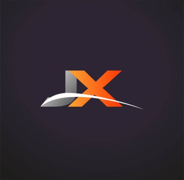 İlk harf JX logotype şirket adı Renkli Gri ve Turuncu Swoosh tasarımı. Siyah arkaplanda izole.