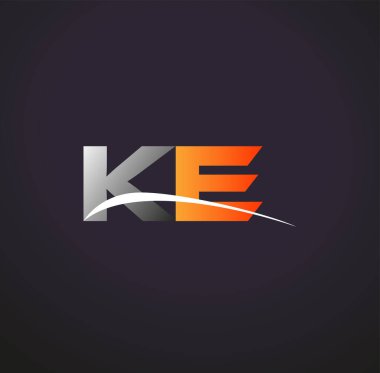 İlk harf KE logotype şirket adı Renkli Gri ve Turuncu Swoosh tasarımı. Siyah arkaplanda izole.