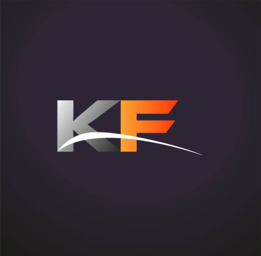 İlk harfi KF logotype şirketi. Renkli gri ve turuncu renk desenli. Siyah arkaplanda izole.