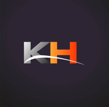 İlk harfi KH logotype şirketi. Renkli gri ve turuncu renk desenli. Siyah arkaplanda izole.