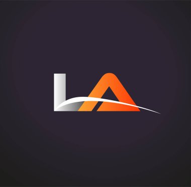 İlk harfi LA logotype şirketinin adı Renkli Gri ve Turuncu Swoosh tasarımı. Siyah arkaplanda izole.
