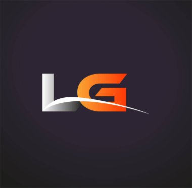 İlk harf LG logotype şirket adı Gri ve Turuncu Swoosh tasarımı. Siyah arkaplanda izole.