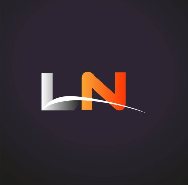 İlk harf LN logotype şirket adı Renkli Gri ve Turuncu Swoosh tasarımı. Siyah arkaplanda izole.