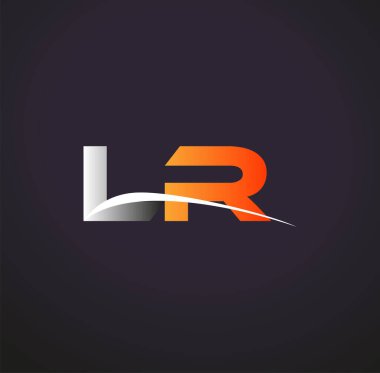 LR logotype şirketinin ilk harfi. Renkli gri ve turuncu çizim. Siyah arkaplanda izole.