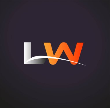 İlk harfi LW logotype şirketi. Renkli gri ve turuncu renkte. Siyah arkaplanda izole.