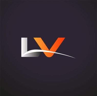 İlk harfi LV logotype şirketi. Renkli gri ve turuncu çizim. Siyah arkaplanda izole.