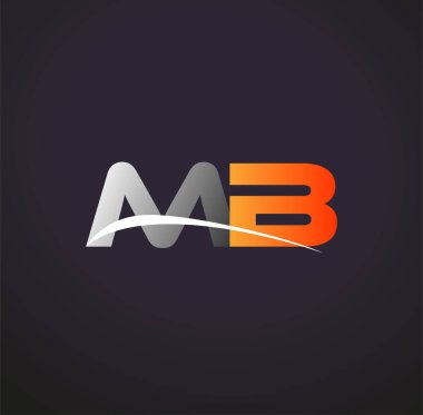 İlk harf MB logotype şirket adı Renkli Gri ve Turuncu Swoosh tasarımı. Siyah arkaplanda izole.