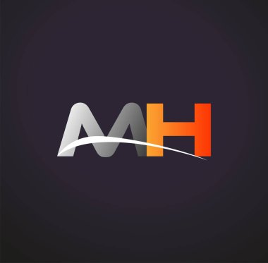 İlk harf MH logotype şirketi. Renkli gri ve turuncu renk desenli. Siyah arkaplanda izole.