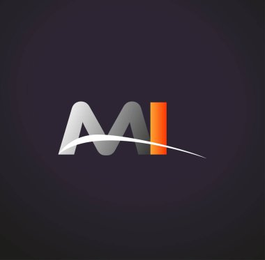 İlk harf MI logotype şirket adı Renkli Gri ve Turuncu Swoosh tasarımı. Siyah arkaplanda izole.