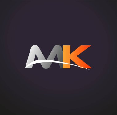 İlk harfi MK logotype şirketi. Renkli gri ve turuncu çizim. Siyah arkaplanda izole.