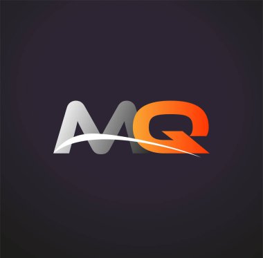 İlk harfi MQ logotype şirketi. Renkli gri ve turuncu çizim. Siyah arkaplanda izole.