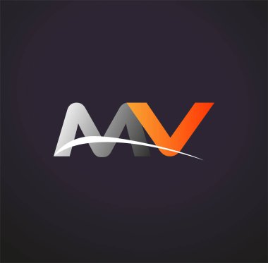 İlk harf MV logotype şirketinin adı Gri ve Turuncu Swoosh tasarımı. Siyah arkaplanda izole.