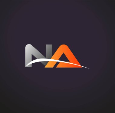 İlk harf NA logotype şirketi adı Renkli Gri ve Turuncu Swoosh tasarımı. Siyah arkaplanda izole.