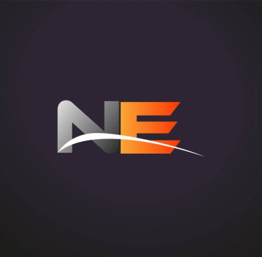 İlk harfi NE logotype şirketi. Renkli gri ve turuncu çizim. Siyah arkaplanda izole.