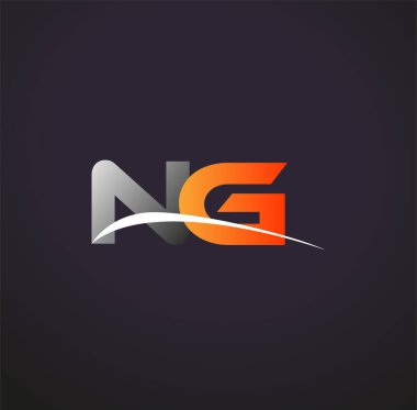 İlk harfi NG logotype şirketi. Renkli gri ve turuncu renk desenli. Siyah arkaplanda izole.
