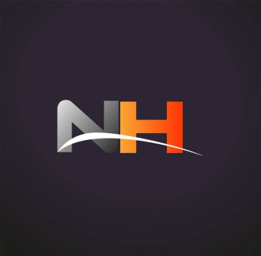 İlk harfi NH logotype şirketi. Renkli gri ve turuncu renk desenli. Siyah arkaplanda izole.