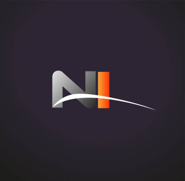 İlk harf NI logotype şirket adı Renkli Gri ve Turuncu Swoosh tasarımı. Siyah arkaplanda izole.