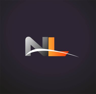 İlk harf NL logotype şirket adı Renkli Gri ve Turuncu Swoosh tasarımı. Siyah arkaplanda izole.