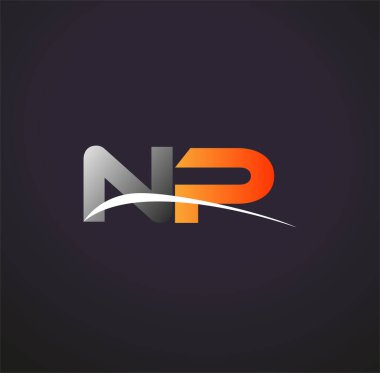 İlk harf NP logotype şirket adı Renkli Gri ve Turuncu Swoosh tasarımı. Siyah arkaplanda izole.