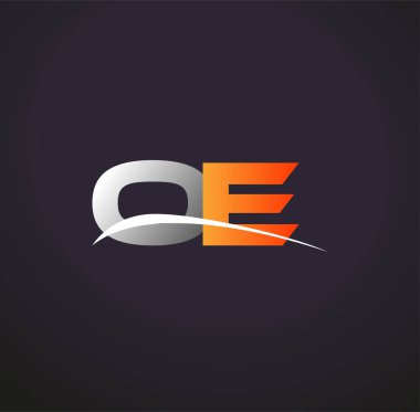 İlk harfi OE logotype şirketi. Renkli gri ve turuncu renk desenli. Siyah arkaplanda izole.