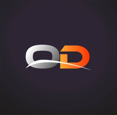 İlk harf aşırı doz logoti şirketinin adı renkli gri ve turuncu çizim. Siyah arkaplanda izole.