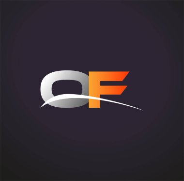 Logotype şirketinin ilk harfi. Renkli gri ve turuncu çizim. Siyah arkaplanda izole.