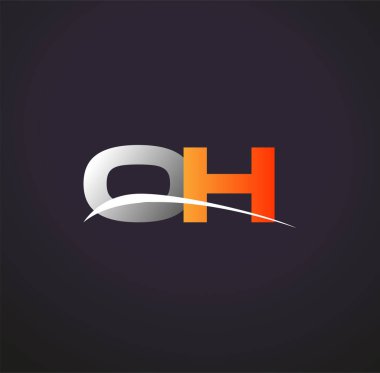 İlk harf OH logotype şirketinin adı Renkli Gri ve Turuncu Swoosh tasarımı. Siyah arkaplanda izole.