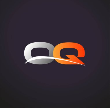 İlk harfi OQ logotype şirketi. Renkli gri ve turuncu renk desenli. Siyah arkaplanda izole.