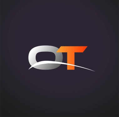 İlk harfi OT logotype şirketi. Renkli gri ve turuncu çizim. Siyah arkaplanda izole.
