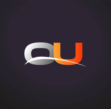 İlk harfi OU logotype şirketi. Renkli gri ve turuncu çizim. Siyah arkaplanda izole.