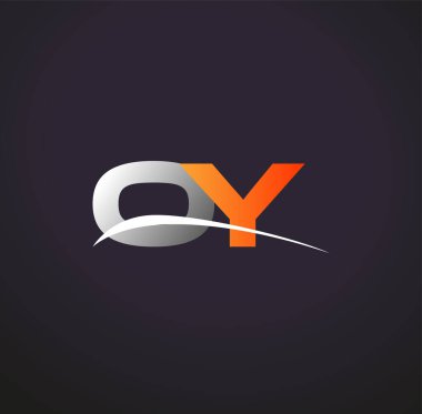 İlk harfi OY logotype şirketi. Renkli gri ve turuncu renk desenli. Siyah arkaplanda izole.