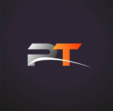 İlk harfi PT logotype şirketi. Renkli gri ve turuncu çizim. Siyah arkaplanda izole.