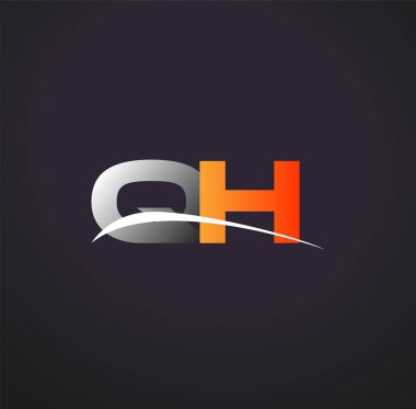 İlk harf QH logotype şirketi. Renkli gri ve turuncu çizim. Siyah arkaplanda izole.