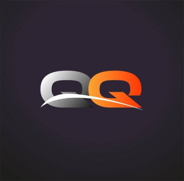 İlk harf QQ logotype şirketi. Renkli gri ve turuncu çizim. Siyah arkaplanda izole.