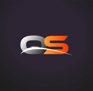 İlk harf QS logotype şirket adı Renkli Gri ve Turuncu Swoosh tasarımı. Siyah arkaplanda izole.