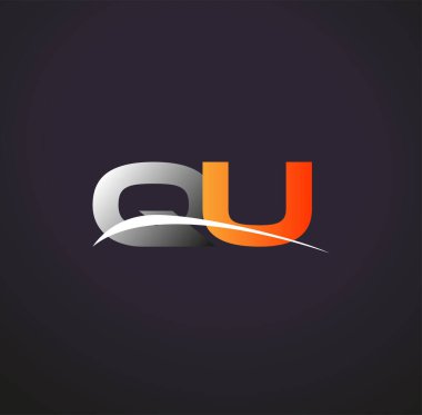 İlk harfi QU logotype şirketi. Renkli gri ve turuncu çizim. Siyah arkaplanda izole.