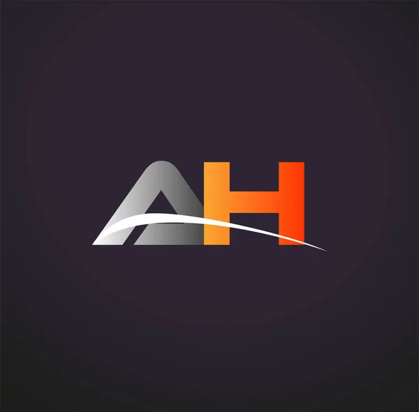 最初的字母Ah标志类型公司的名称彩色灰色和橙色Swoosh设计 在黑色背景上隔离 — 图库矢量图片