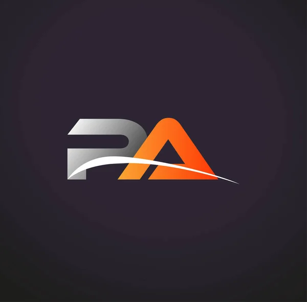 最初的字母Pa标志类型公司名称彩色灰色和橙色Swoosh设计 在黑色背景上隔离 — 图库矢量图片