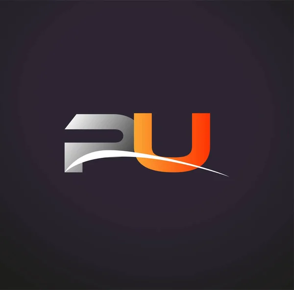 最初的字母Pu标识公司的名称是彩色灰色和橙色的Swoosh设计 在黑色背景上隔离 — 图库矢量图片