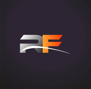 RF logotype şirketinin ilk harfi. Renkli gri ve turuncu çizim. Siyah arkaplanda izole.