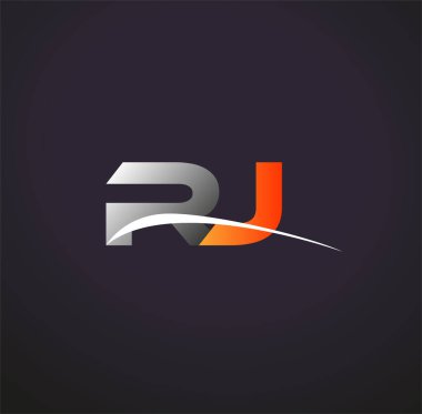 İlk harf RJ logotype şirketinin adı Renkli Gri ve Turuncu Swoosh tasarımı. Siyah arkaplanda izole.
